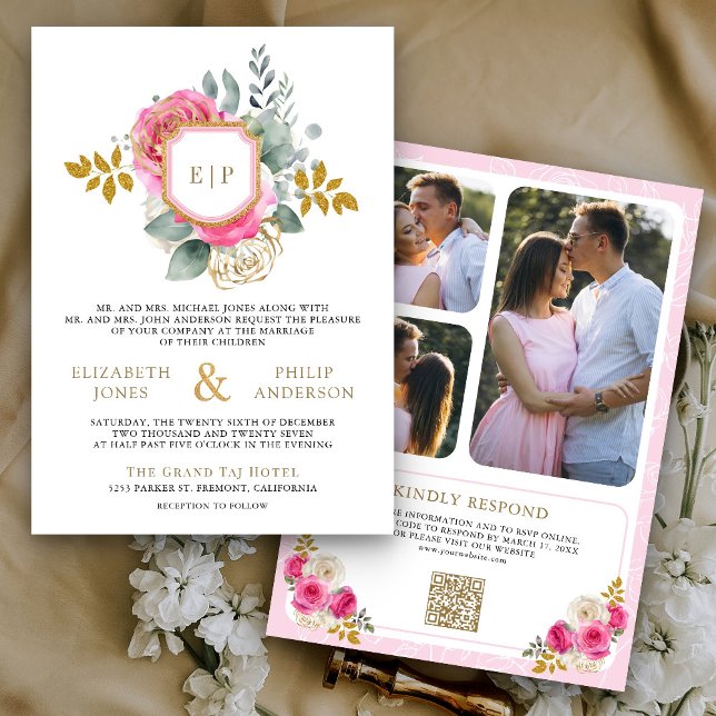 Fuchsia Pink Floral QR Code Photo Crest Wedding Invitation (Creator Uploaded)