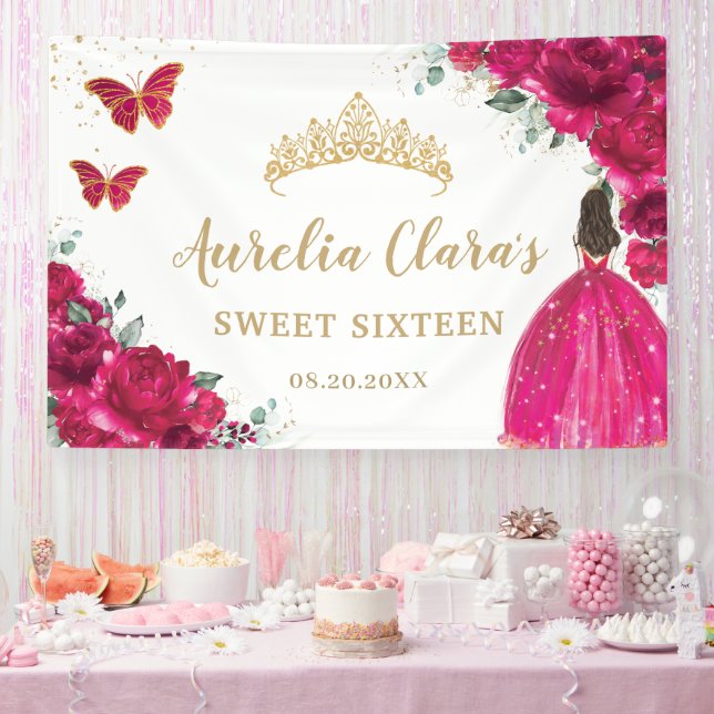 Fuchsia Pink Floral Quinceañera Sweet 16 Backdrop Banner (Party)
