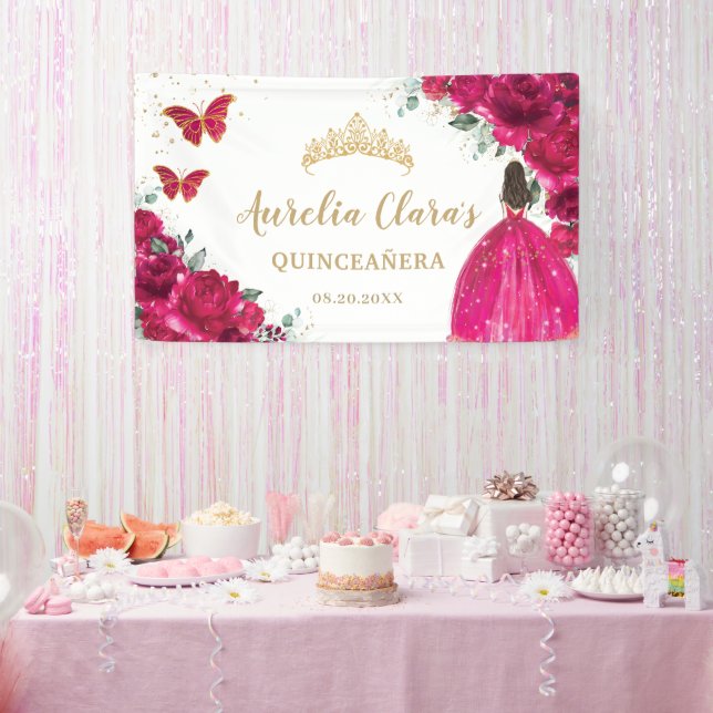 Fuchsia Pink Floral Quinceañera Welcome Backdrop Banner (Party)