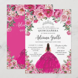 Fuchsia Pink Floral Silver Quinceanera XV Sweet 16 Invitation