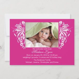 Fuchsia Pink Flourish New Baby Birth Annoucement Invitation