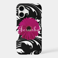 Fuchsia Pink Gerbera Daisy Black/White Swirl Girly