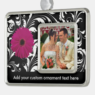 Fuchsia Pink Gerbera Daisy Black/White Swirl Girly Silver Plated Framed Ornament