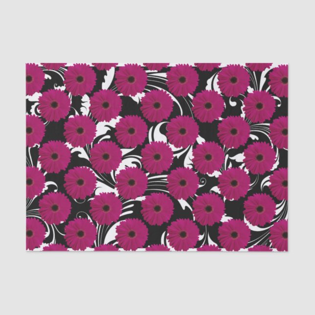 Fuchsia Pink Gerbera Daisy Black/White Swirl Girly Tissue Paper (Front)