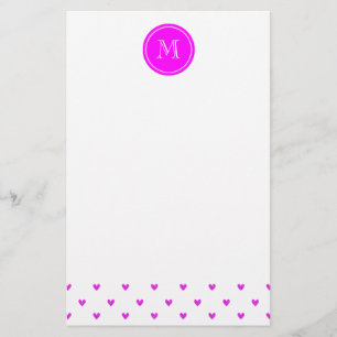 Fuchsia Pink Glitter Hearts with Monogram Stationery
