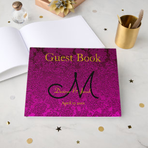 Fuchsia Pink Gold Black Elegant Wedding Monogram Guest Book