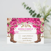 Fuchsia Pink Gold Cowboy Boots Quinceañera RSVP