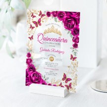 Fuchsia Pink Gold Floral Quinceanera