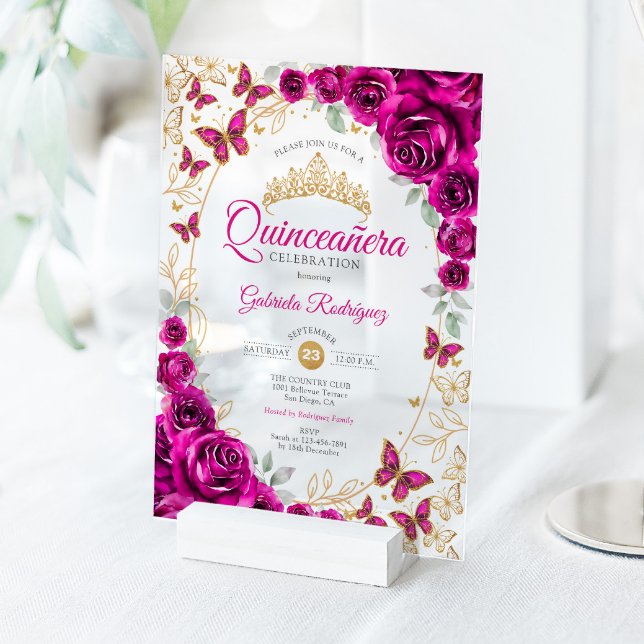 Fuchsia Pink Gold Floral Quinceanera Acrylic Invitations (Creator Uploaded)