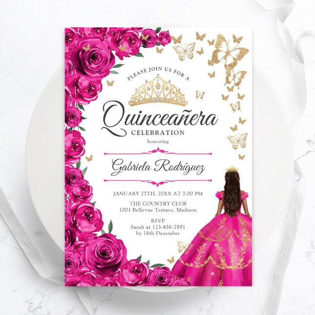 Fuchsia Pink Gold Floral Quinceanera Invitation (Creator Uploaded)