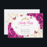 Fuchsia Pink Gold Floral Quinceanera Reply RSVP Card<br><div class="desc">Fuchsia pink gold floral Quinceanera RSVP reply card. Features,  script font,  gold butterflies,  watercolor roses and tiara. Perfect for an elegant princess style glam celebration. Personalize with your own details.</div>