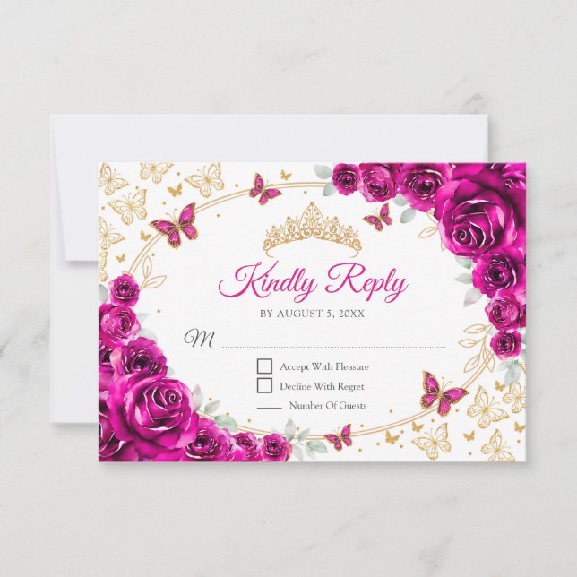 Fuchsia Pink Gold Floral Quinceanera Reply RSVP Card (Front)
