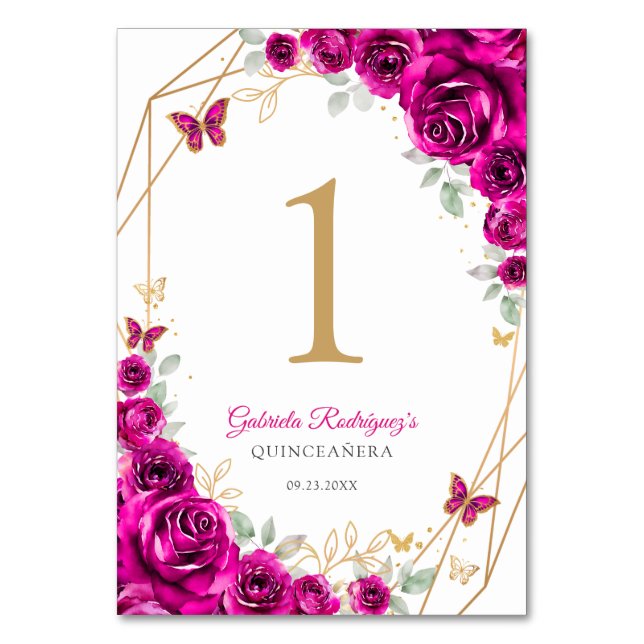 Fuchsia Pink Gold Floral Quinceanera Table Number (Front)