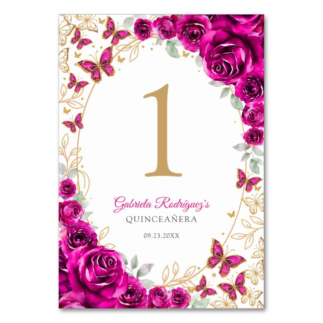 Fuchsia Pink Gold Floral Quinceanera Table Number (Front)