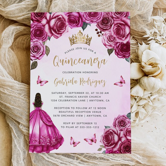 Fuchsia Pink Gold Floral Watercolor Quinceañera Invitation (Creator Uploaded)