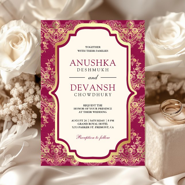 Fuchsia Pink Gold Lace Indian Wedding Invitation (Creator Uploaded)