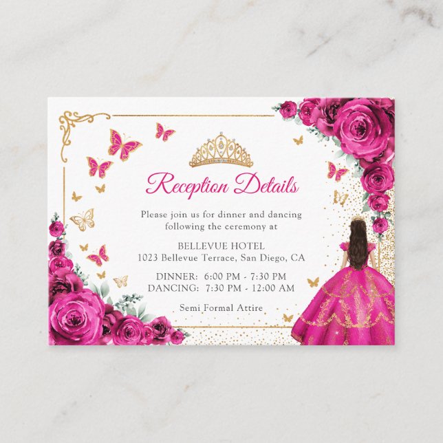 Fuchsia Pink Gold Quinceanera Reception Details Enclosure Card (Front)