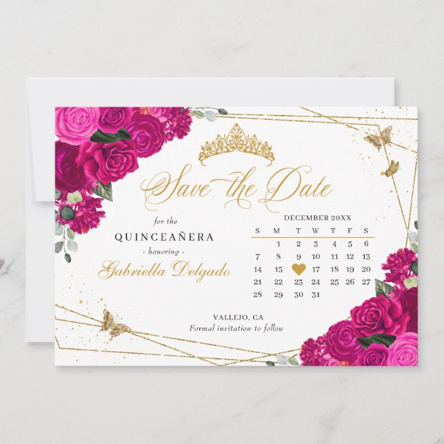 Fuchsia Pink & Gold Quinceañera Save The Date Invitation (Front)