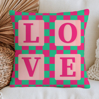 Fuchsia Pink& Green Chequered Pattern Love  Cushion