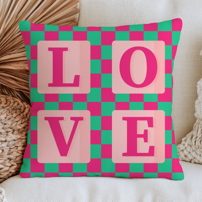 Fuchsia Pink& Green Chequered Pattern Love  Cushion (Creator Uploaded)