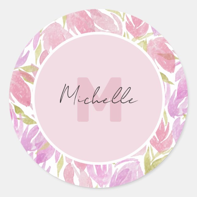 Fuchsia Pink Green Watercolor Flowers Monogram Classic Round Sticker (Front)