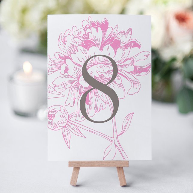 Fuchsia Pink Grey Peony Table Number Card (Creator Uploaded)