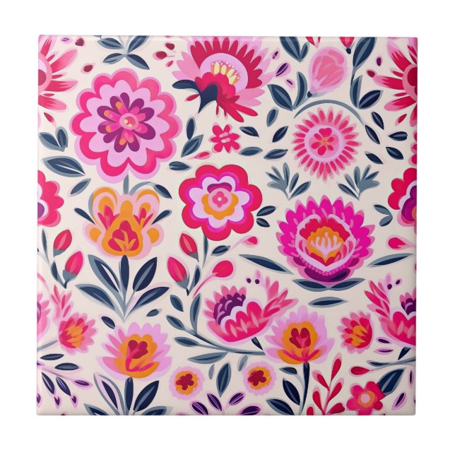 Fuchsia Pink Mexican Flowers BOHO Chic Floral Tile (Front)