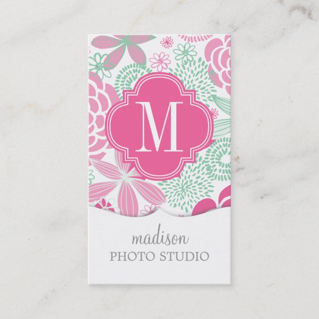 Fuchsia Pink Mint Green Girly Floral Personalised Business Card (Front)