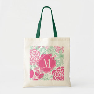 Fuchsia Pink Mint Green Girly Floral Personalised Tote Bag