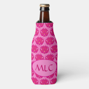 Fuchsia Pink Modern Art Nouveau Damask Monogram Bottle Cooler