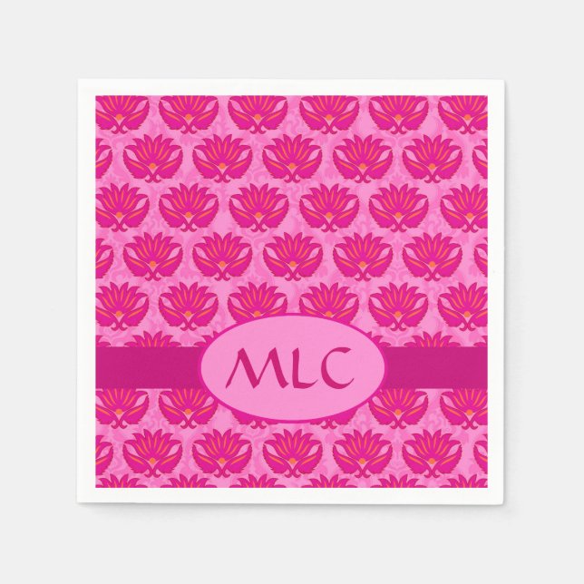 Fuchsia Pink Modern Art Nouveau Damask Monogram Napkin (Front)