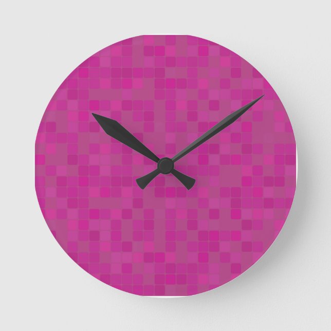 Fuchsia pink mosaic pixels  round clock (Front)
