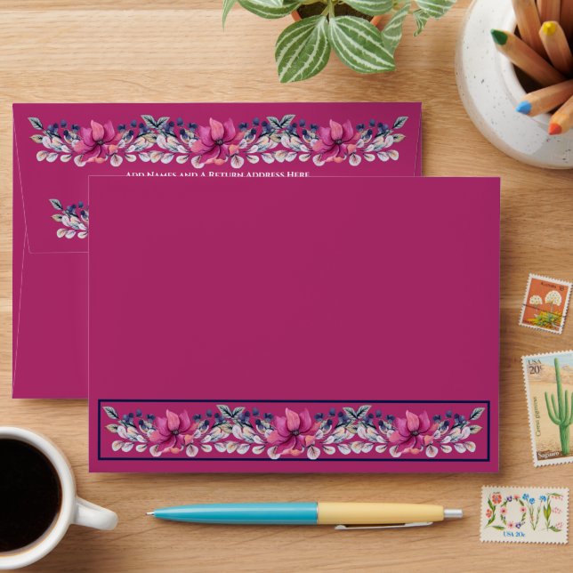 Fuchsia Pink Navy Blue Floral Envelope (Desk)
