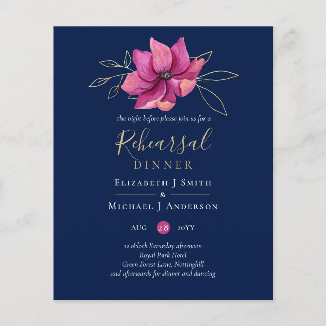 Fuchsia Pink Navy Blue Rehearsal Dinner BUDGET (Front)
