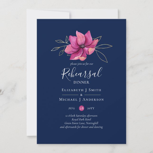 Fuchsia Pink Navy Blue Rehearsal Dinner Invitation (Front)