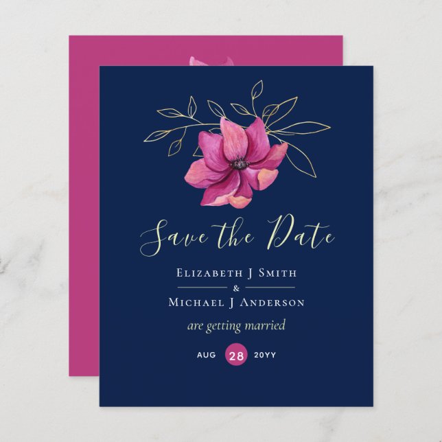 Fuchsia Pink Navy Blue Wedding Save Date (Front/Back)