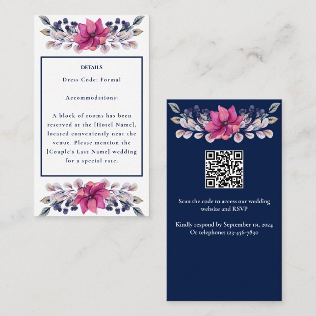 Fuchsia Pink Navy Details Enclosure QR Code RSVP (Front/Back)