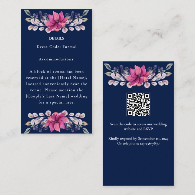 Fuchsia Pink Navy Details Enclosure RSVP QR Code (Front/Back)