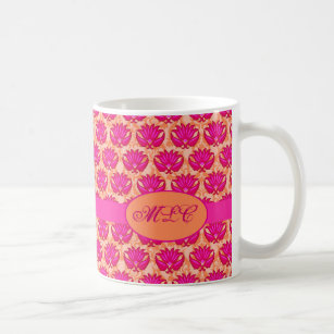 Fuchsia Pink Orange Art Nouveau Damask Monogram Coffee Mug