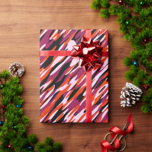 Fuchsia pink, orange, black and white camo wrapping paper