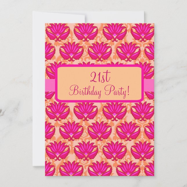 Fuchsia Pink Orange Damask 21st Birthday Party Invitation (Front)