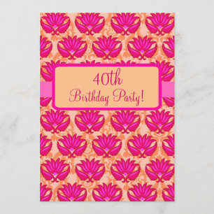 Fuchsia Pink Orange Damask 40th Birthday Party Invitation