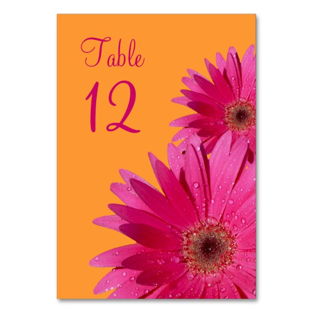 Fuchsia Pink Orange Gerbera Daisy Wedding Table Number (Front)