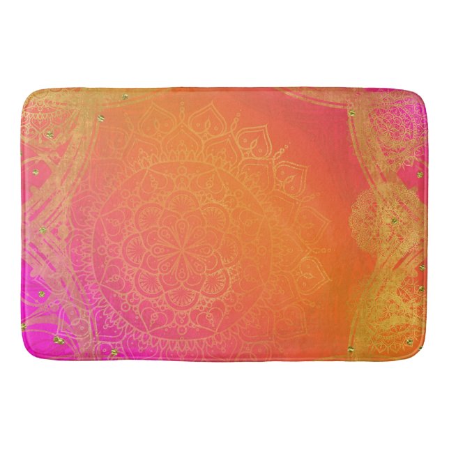 Fuchsia Pink Orange & Gold Indian Mandala Glam Bath Mat (Front)