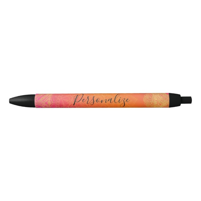 Fuchsia Pink Orange & Gold Indian Mandala Glam Blue Ink Pen (Front)