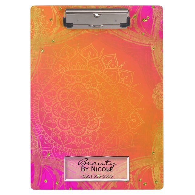 Fuchsia Pink Orange & Gold Indian Mandala Glam Clipboard (Front)