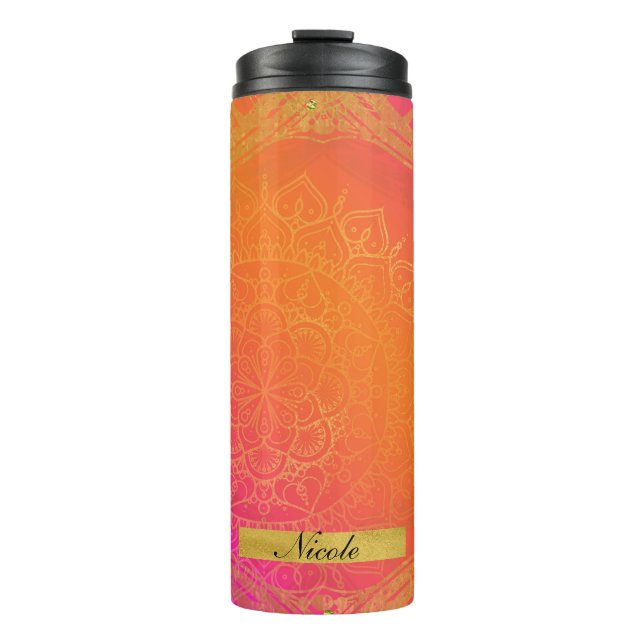 Fuchsia Pink Orange & Gold Indian Mandala Glam Thermal Tumbler (Front)