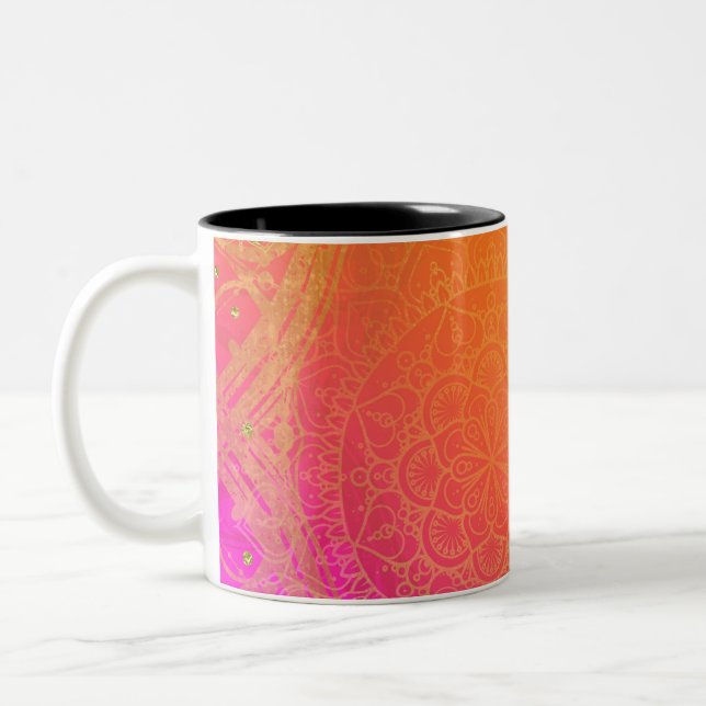 Fuchsia Pink Orange & Gold Indian Mandala Glam Two-Tone Coffee Mug (Left)