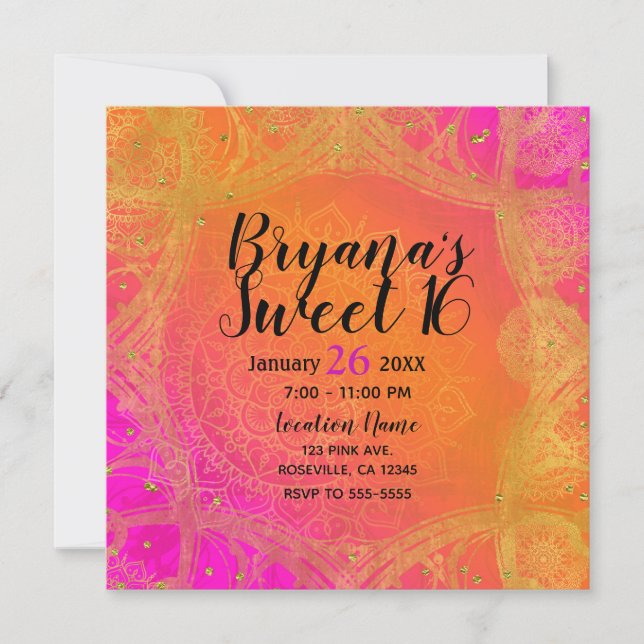Fuchsia Pink Orange & Gold Indian Mandala Party Invitation (Front)