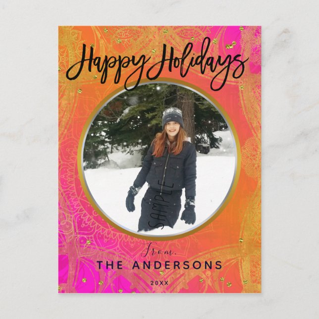Fuchsia Pink Orange & Gold Mandala Holiday Photo Postcard (Front)